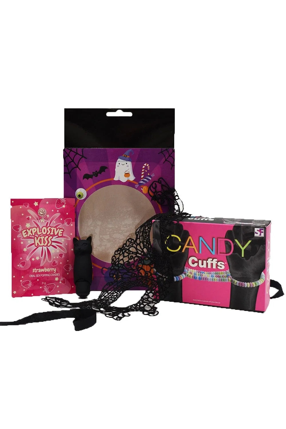Coffret Coquin Halloween Femme Édition Limitée Sensuelle Mystérieuse Intime Ludique Gourmande Dentelle Noire Masque Souple Menottes Bonbons Vibromasseur Chat Mini