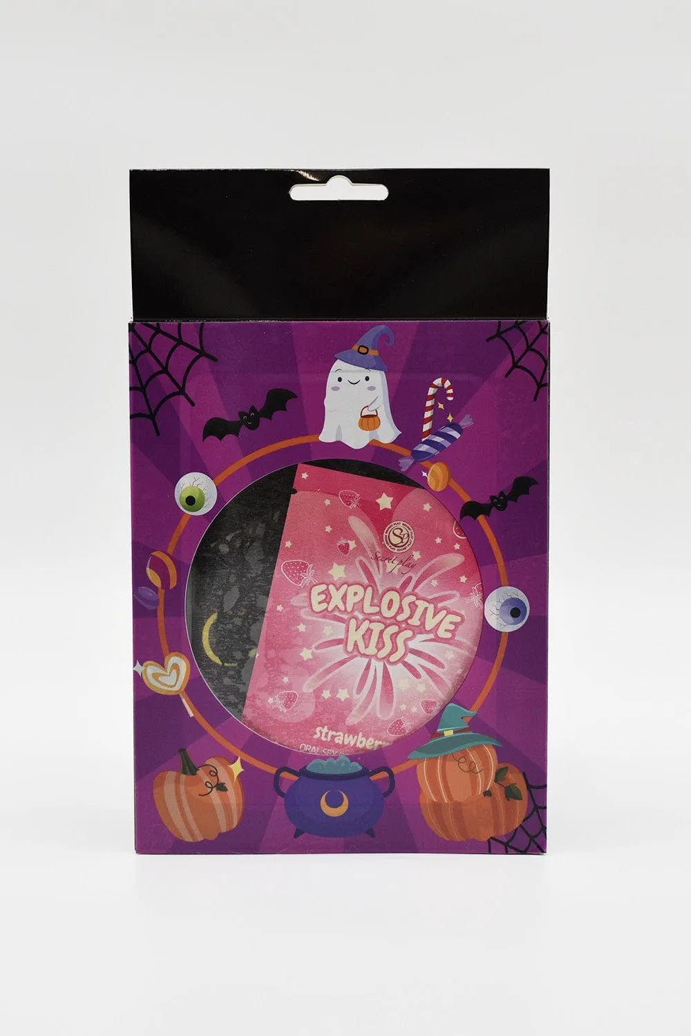 Coffret Coquin Halloween Femme, dentelle noire, masque souple, menottes, bonbons, vibromasseur, design mystérieux.