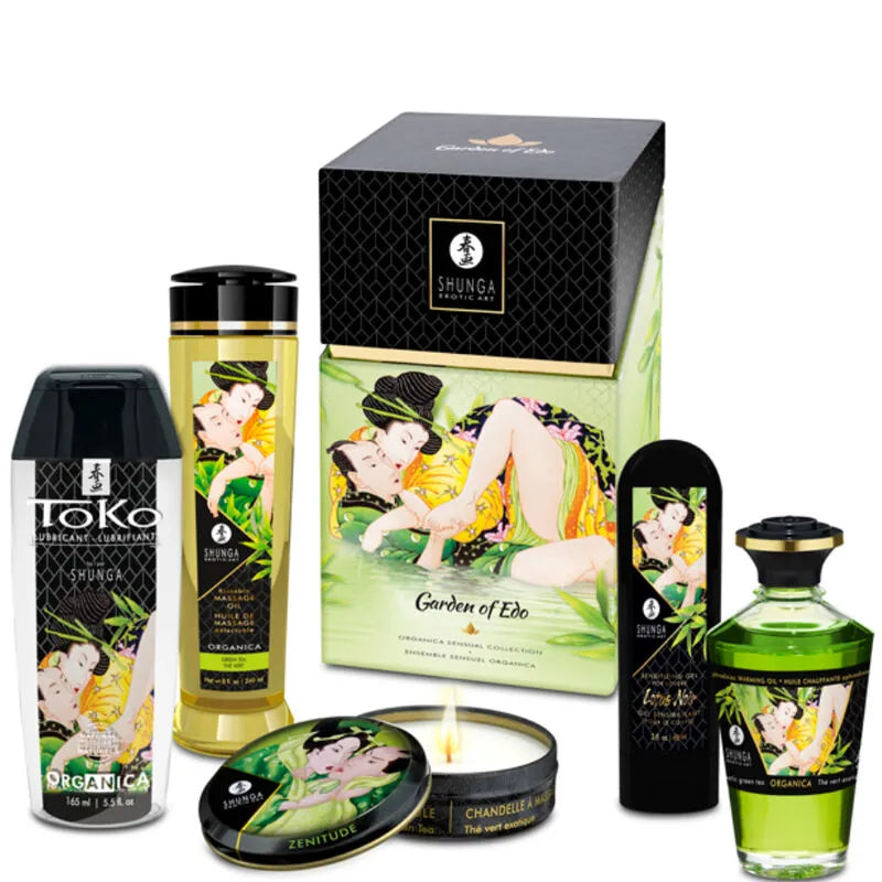 coffret cosmétique érotique bio Shunga luxe sensoriel romantique huiles massage aphrodisiaque onctueux botanique certifié bougie intime voyage sensuel