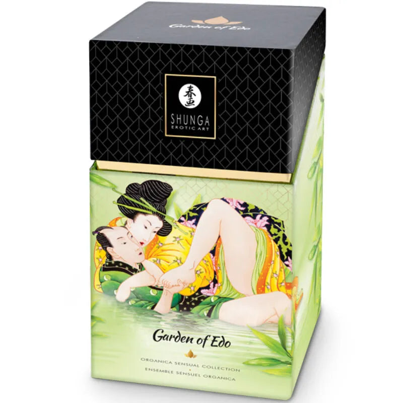 Coffret cosmétique érotique bio Shunga, design artistique japonais, couleurs vives, huiles et bougie pour massage sensuel.