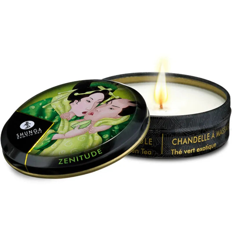 Bougie de massage Shunga dans un coffret érotique bio, design japonais, couvercle illustré, ambiance romantique.
