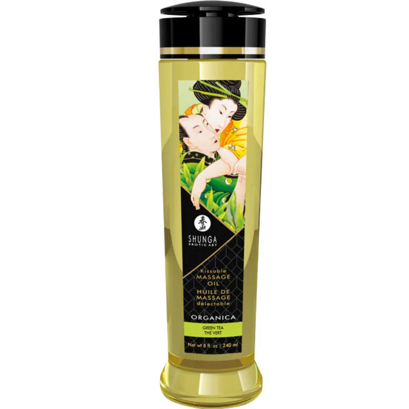Coffret cosmétique érotique bio Shunga, huiles de massage, bougie intime, design élégant, ingrédients naturels.