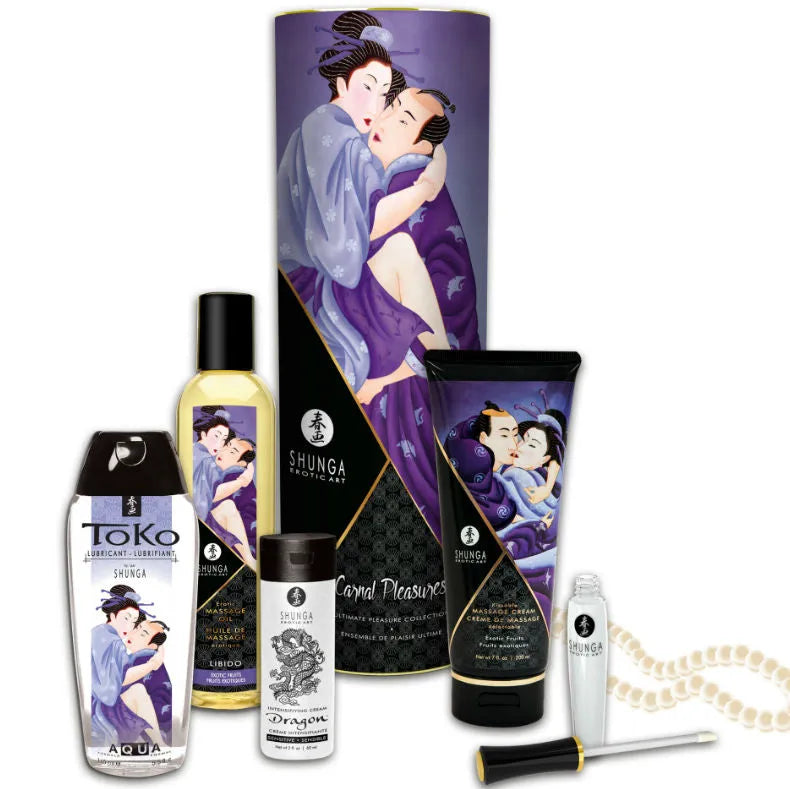 coffret cosmétique érotique Shunga huile massage exotique crème embrassable gourmande gloss oral vin mousseux fraise lubrifiant intime collier perles blanches