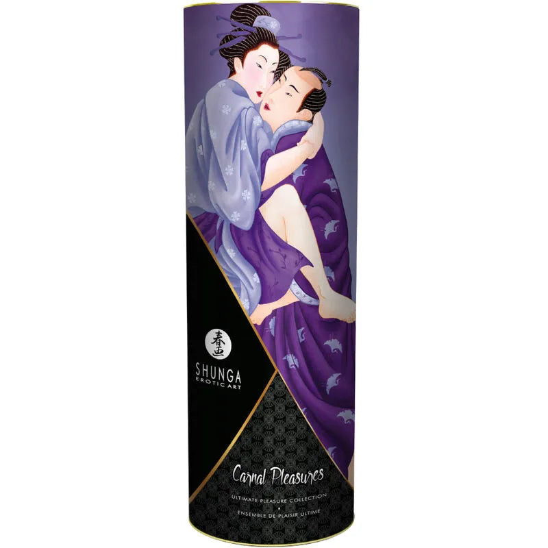 Coffret cosmétique érotique Shunga, design japonais, tube violet avec illustration sensuelle, produits intimes inclus.