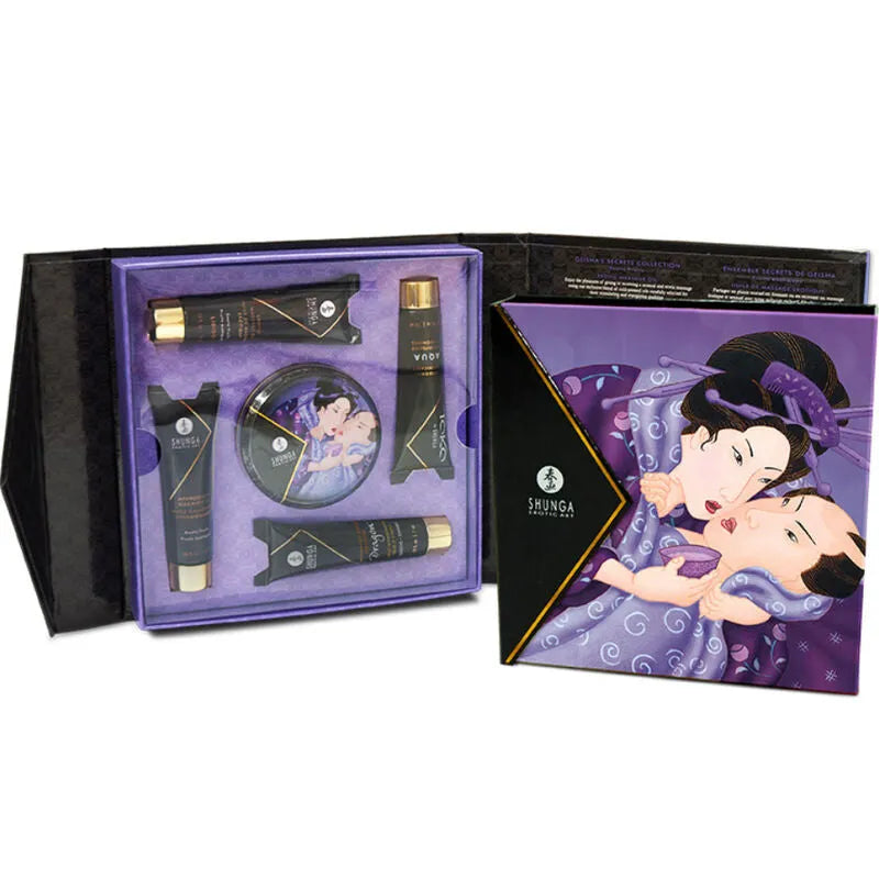 Coffret Shunga érotique pour couples, produits cosmétiques luxueux, huile massage, bougie, lubrifiant, design élégant.