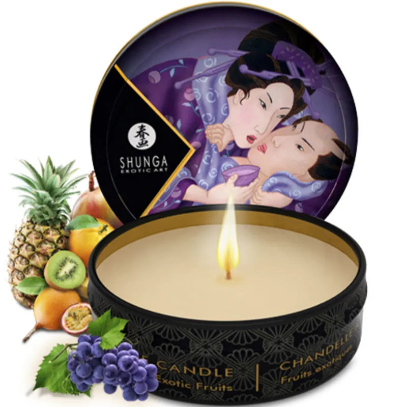 Coffret Shunga érotique avec bougie parfumée, illustration sensuelle, fruits exotiques, design luxueux et raffiné.