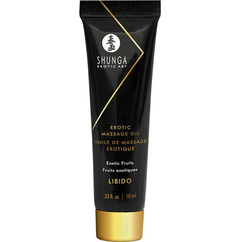 Tube noir et or d'huile de massage érotique Shunga, 10ml, design élégant, idéal pour moments intimes et sensuels.