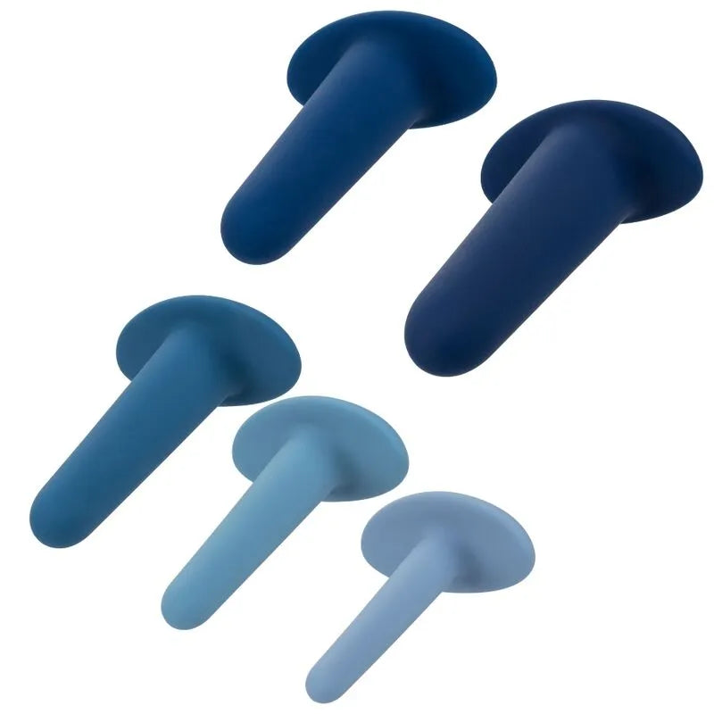Coffret de 5 dilatateurs anaux en silicone bleu, progressifs, ergonomiques, base souple, hygiéniques, sans phtalates.