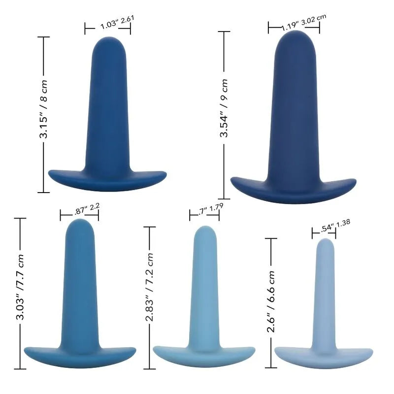Coffret de 5 dilatateurs anaux en silicone bleu, tailles progressives, base souple, imperméables et sans phtalates.