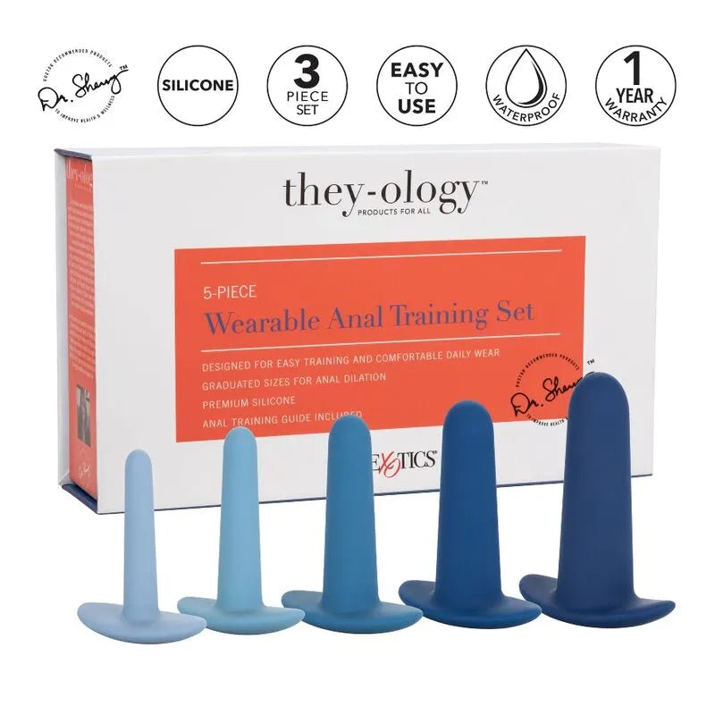 Ensemble de 5 dilatateurs anaux en silicone bleu, formes progressives, base souple, imperméables, sans phtalates.