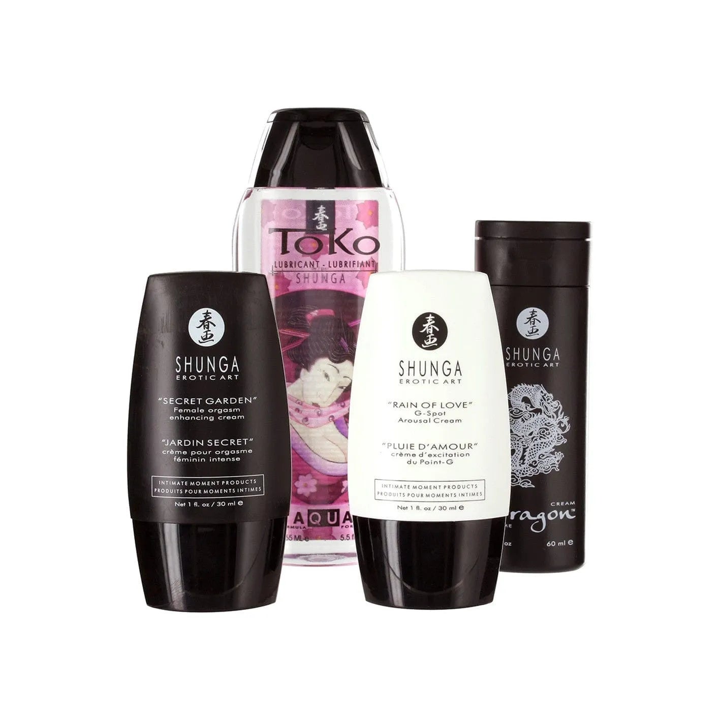 Coffret Intime Crème Lubrifiant Naturel, flacons noirs et transparents, huiles végétales, extraits botaniques.