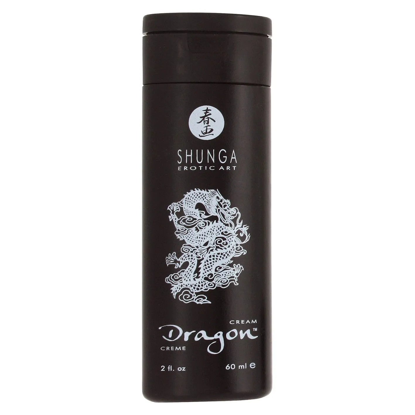 Flacon noir de crème Dragon, design asiatique, 60 ml, hydratant naturel, huiles végétales, aphrodisiaque, longue durée.