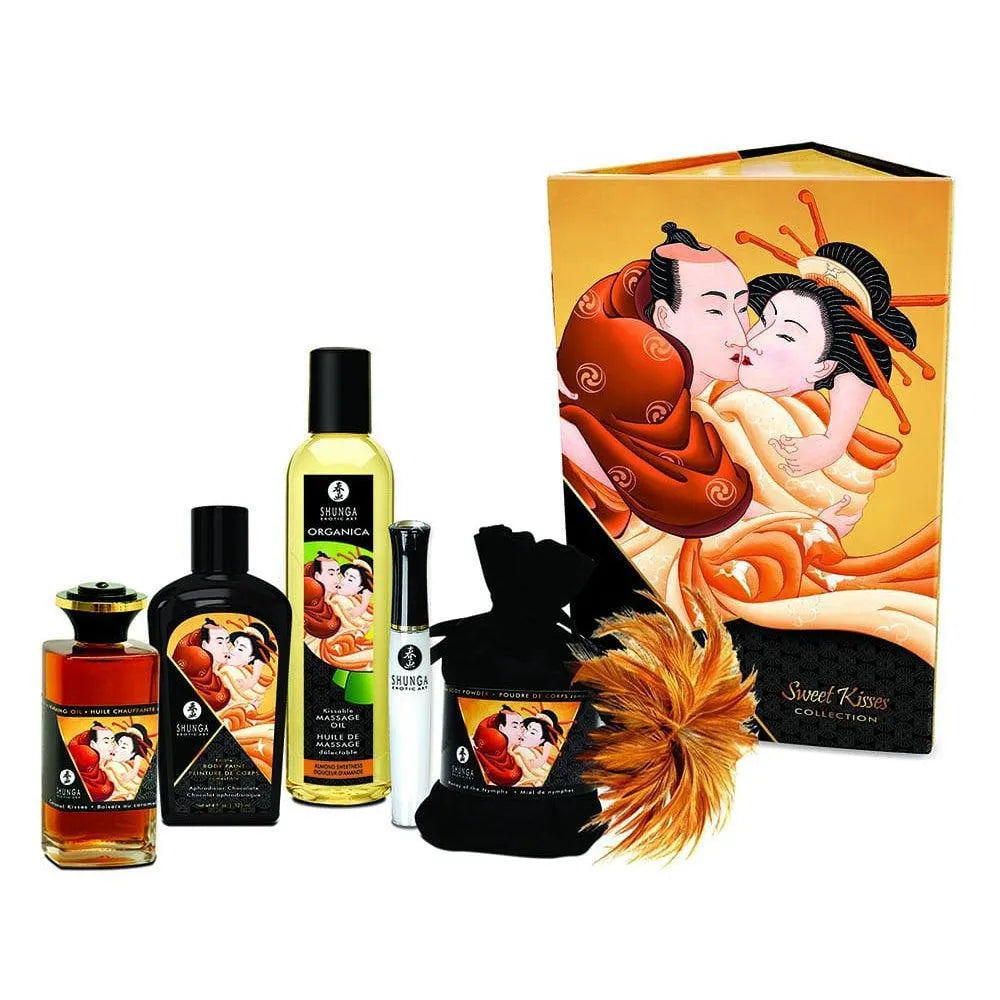coffret massage érotique doux baisers sensoriel sensuel aphrodisiaque huile chauffante comestible chocolat caramel plumeau chatouilleur gloss coco miel gourmand
