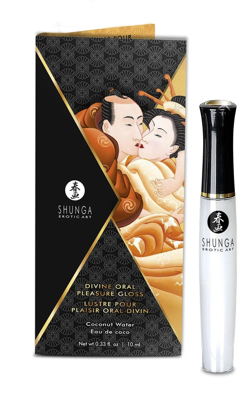 Coffret massage érotique avec huile chauffante chocolat caramel et plumeau, design élégant noir et or.