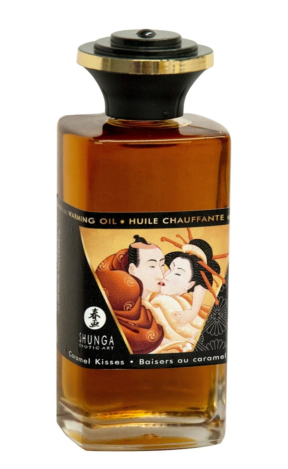 Flacon d'huile chauffante comestible chocolat caramel, design élégant, pour massage érotique sensoriel et aphrodisiaque.