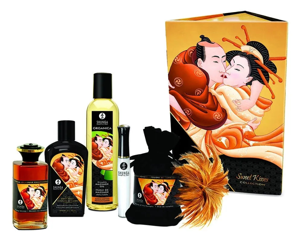 Coffret massage érotique avec huiles comestibles chocolat caramel, plumeau chatouilleur, gloss coco miel, design sensuel.