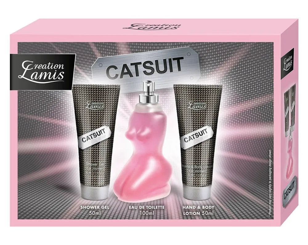 Coffret parfum femme envoûtant Catsuit 100ml gel douche 50ml crème hydratante 50ml soin corporel parfumé floral fruité élégant raffiné sensuel