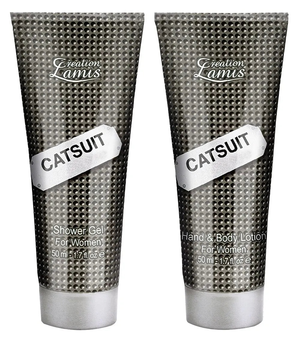 Coffret parfum femme Catsuit: flacon 100ml, gel douche 50ml, crème hydratante 50ml, design élégant et raffiné.