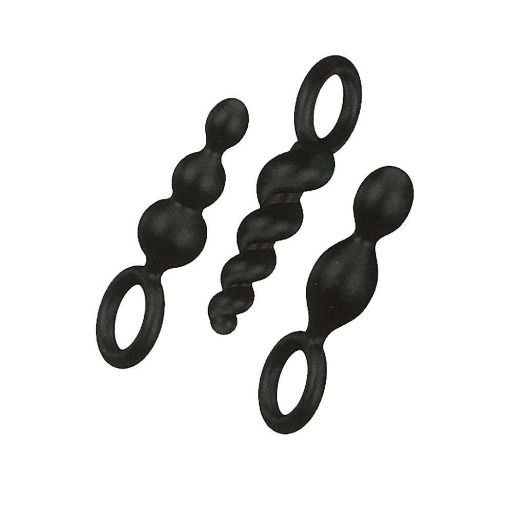 coffret plugs noirs silicone hypoallergénique poignée sécurité ergonomique design étudié torsadé boules deux trois pénétration progressive initiation anal unisexe