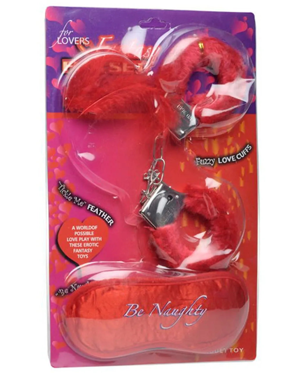 Coffret érotique rouge avec menottes duveteuses, masque be naughty, plumes pour caresses sensuelles.