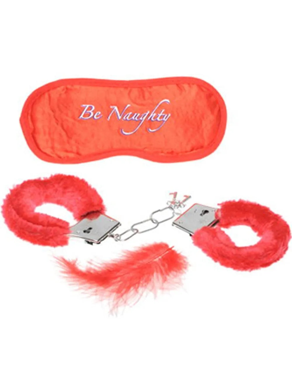 Coffret érotique rouge avec menottes duveteuses, masque be naughty, plumes pour caresses sensuelles et clés.
