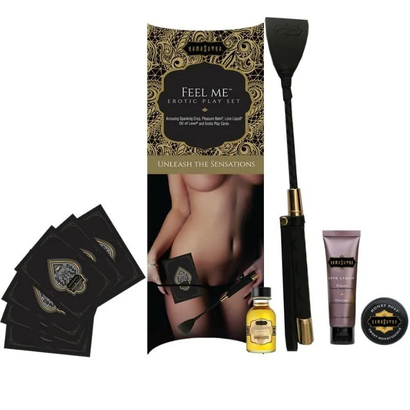 Coffret Kamasutra édition limitée avec cravache noire, bougie, huile massage vanille, cartes illustrées, accessoires luxueux.