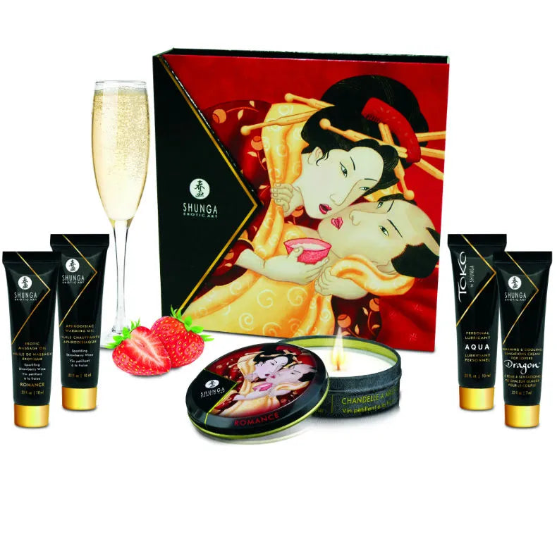 Coffret érotique Shunga fraises cava sensualité gourmande huile massage aphrodisiaque thermique bougie fondante lubrifiant hydrosoluble gel intensificateur orgasme romantique
