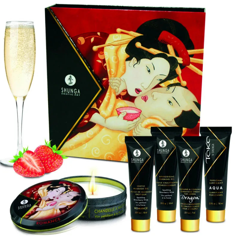Coffret Shunga Fraises Cava avec huiles, bougie, lubrifiant et gel, design raffiné, fond fraises et cava.