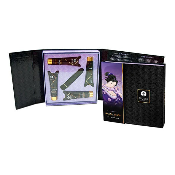 Coffret Érotique Shunga noir avec produits sensuels, design japonais, pour couples explorateurs, luxe et intimité.