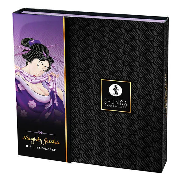 Coffret érotique Shunga noir et violet, design japonais, illustration geisha, pour couples explorateurs, luxe sensuel.