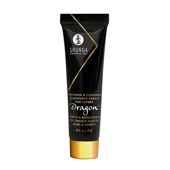 Tube noir et doré de crème Shunga Dragon, design élégant, pour sensations chauffantes et rafraîchissantes en couple.
