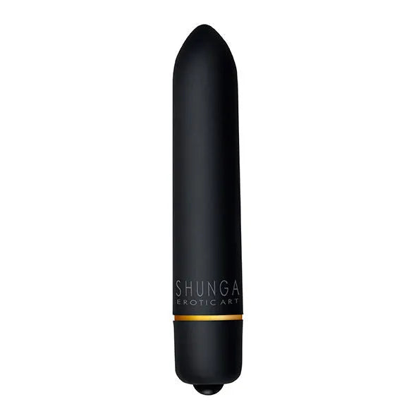 Vibromasseur noir Shunga élégant, rechargeable, forme allongée, anneau doré, pour couples explorateurs, esthétique japonaise.
