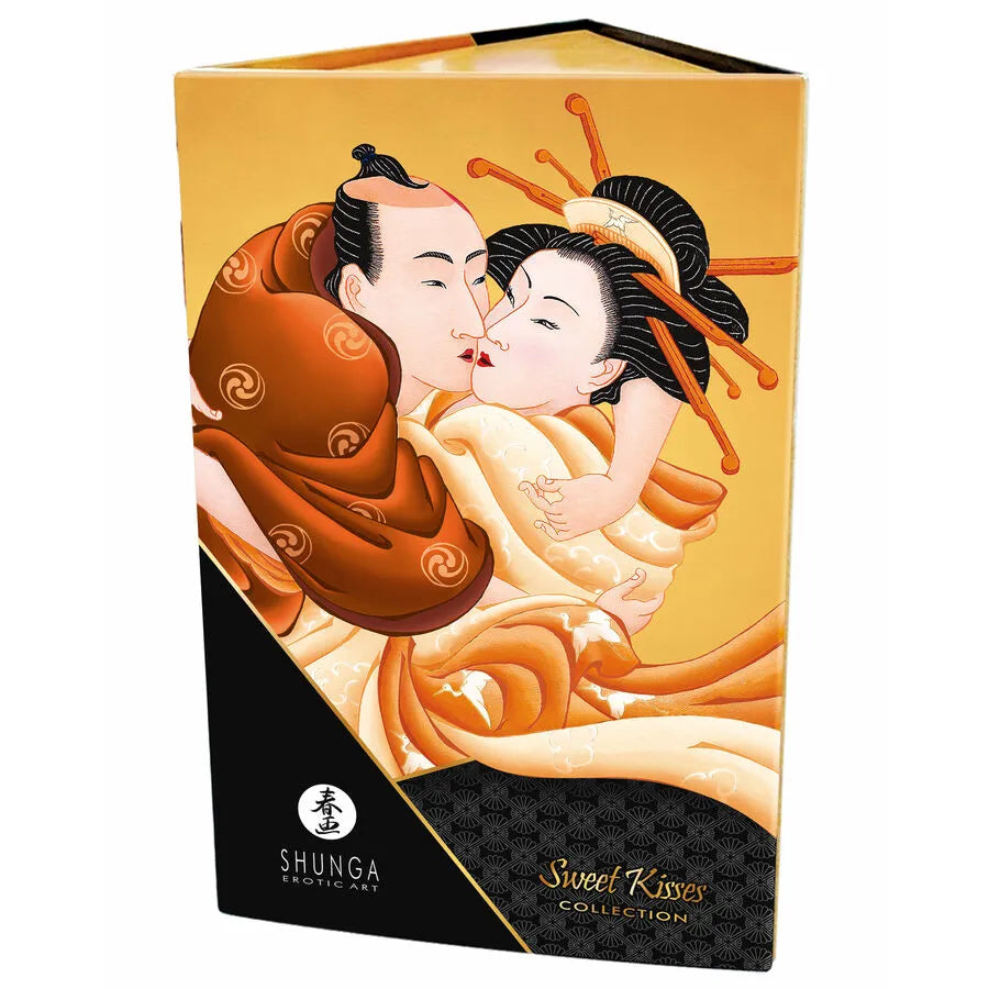 Coffret Shunga chocolat, illustration couple asiatique, design élégant, produits érotiques sensoriels et gourmands.