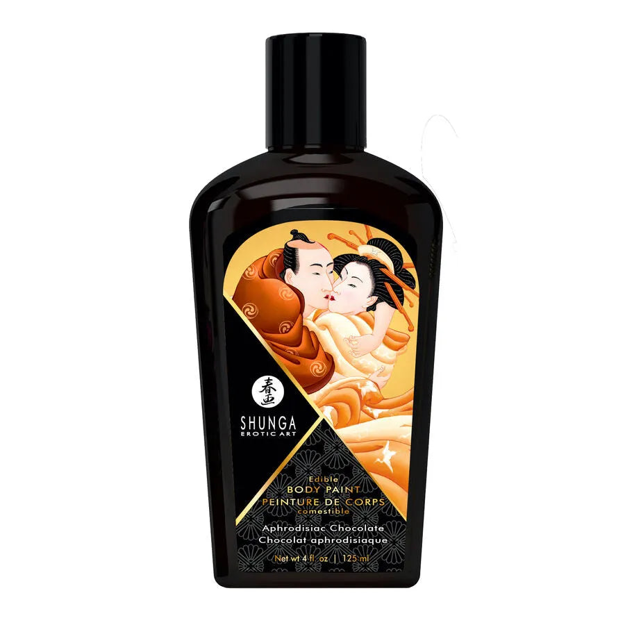 Coffret érotique Shunga chocolat: bouteille noire, étiquette illustrée, huile massage, peinture corporelle aphrodisiaque.