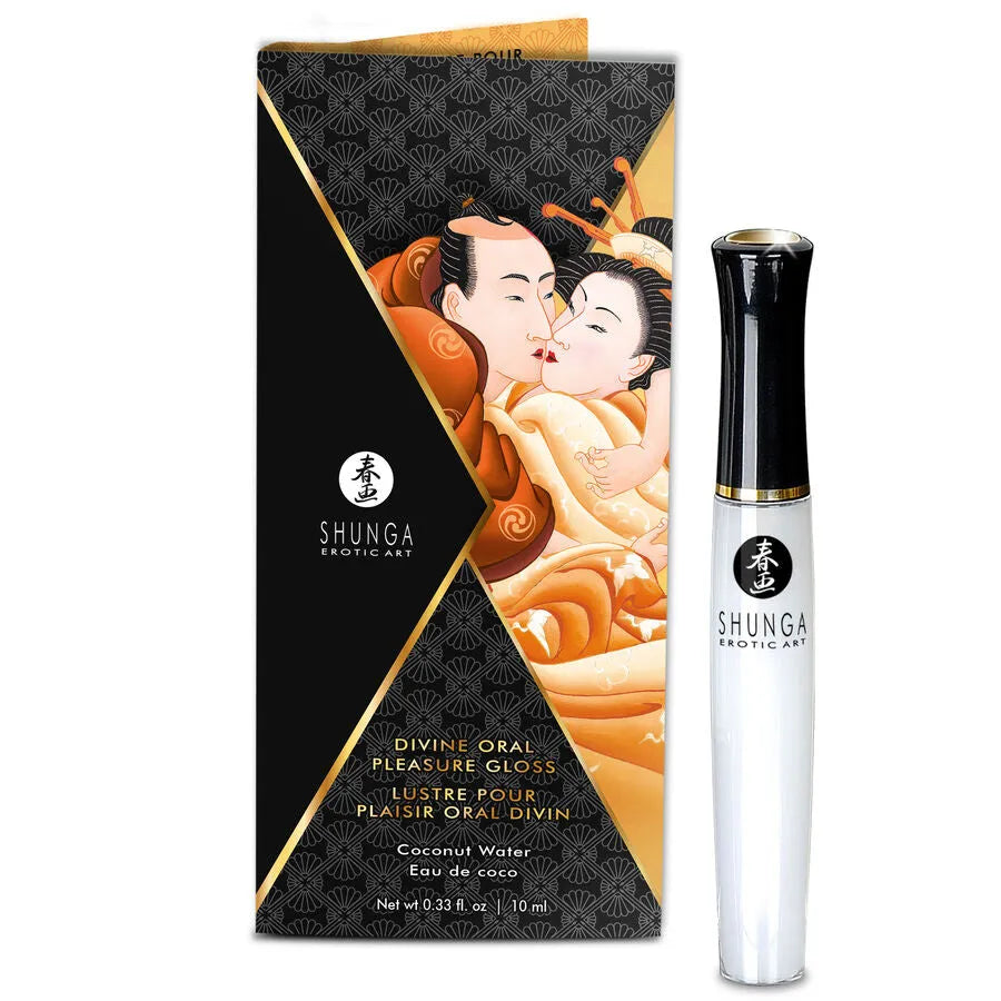 Coffret Shunga chocolat avec huile massage, peinture corporelle, stimulant lèvres, design élégant noir et or.