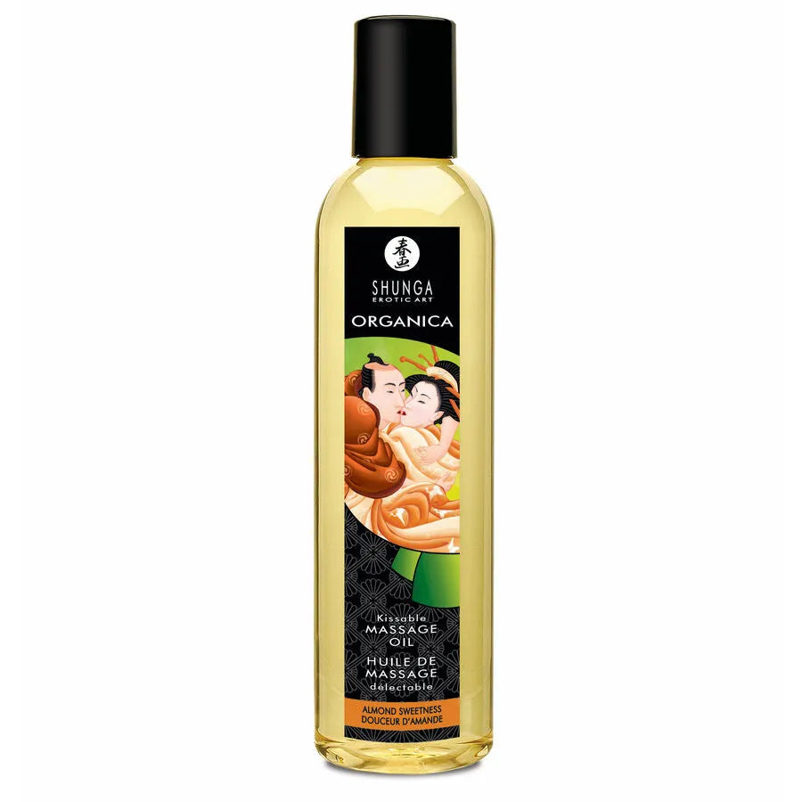 Coffret érotique Shunga avec huile de massage chocolat, peinture corporelle, stimulant lèvres, design élégant et sensuel.