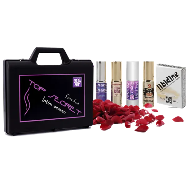 coffret érotique unisexe intime sensuel complet mallette cinq produits essentiels prolongateur stimulant lubrifiant dilatateur parfum aphrodisiaque unidoses libido
