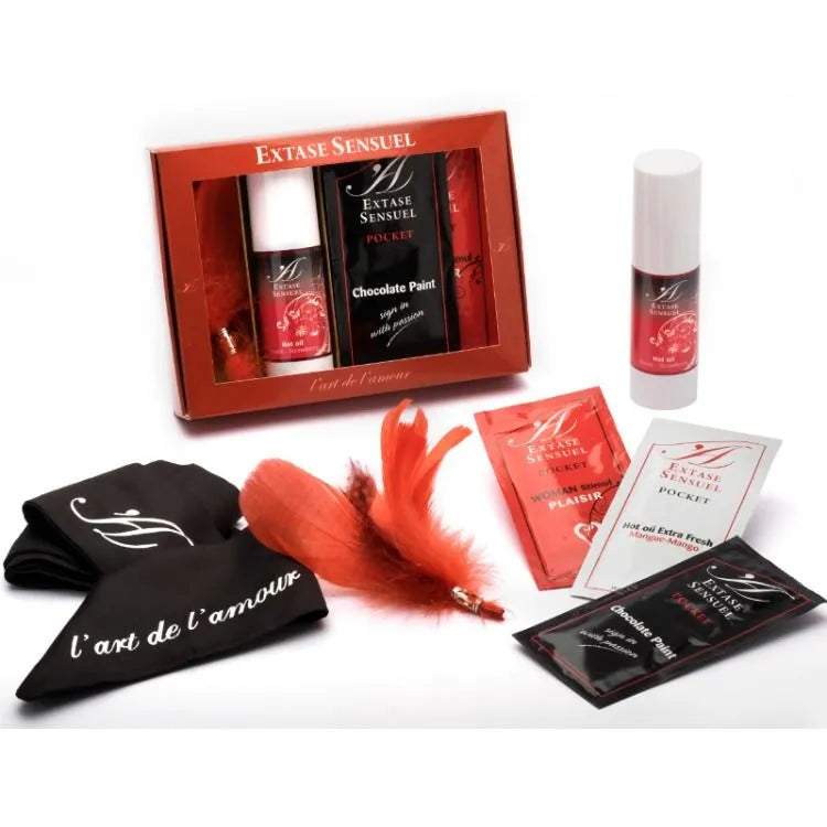 Coffret érotique voyage plaisir intense femme huile chaude fraise peinture corporelle chocolat plume caressante sac discret compact sensoriel