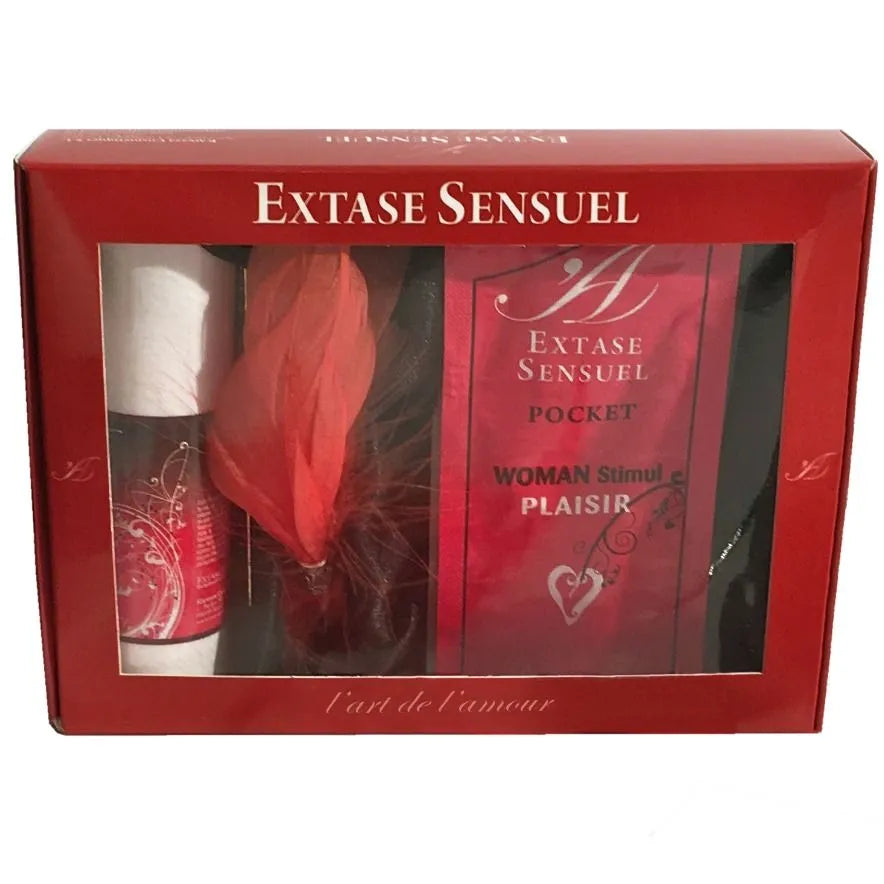 Coffret érotique rouge avec huile chaude, peinture chocolat, plume, sac discret pour plaisir sensoriel féminin.