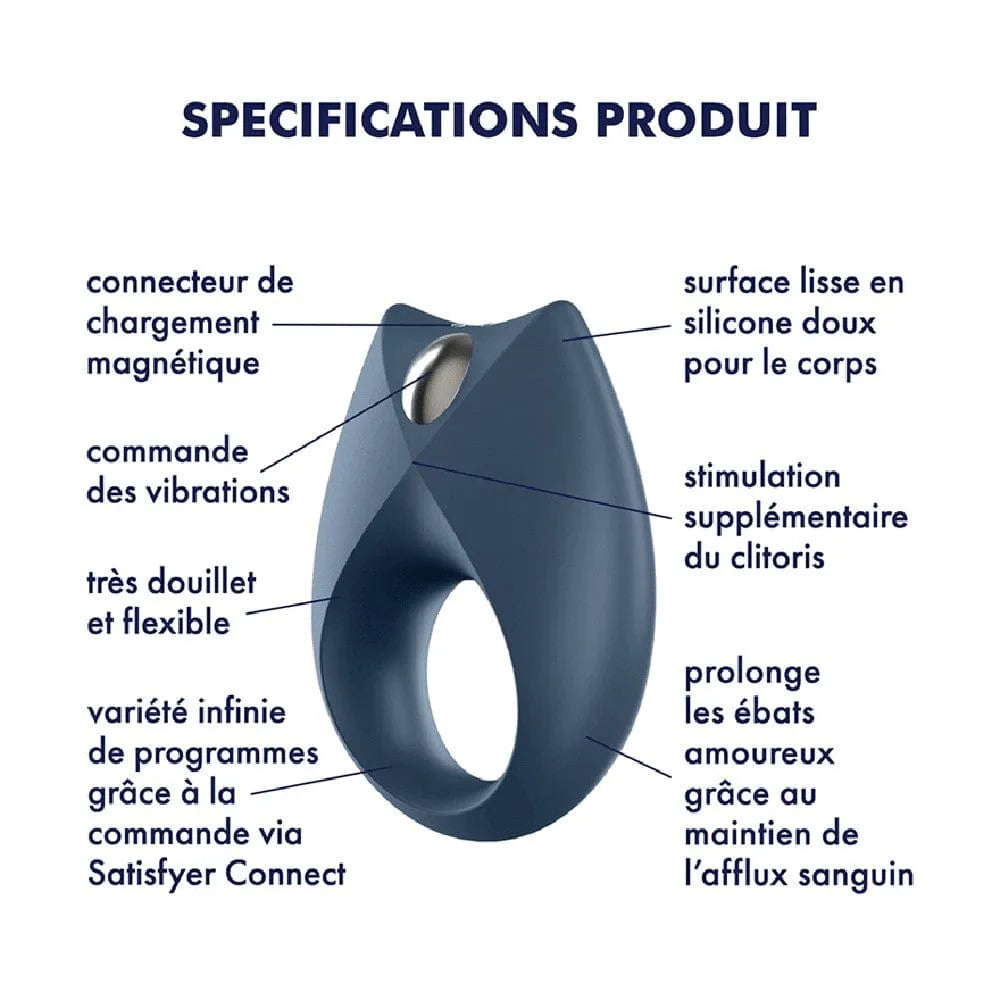 Anneau pénien ergonomique bleu en silicone doux, connecté à l'application Satisfyer, avec commande de vibrations.
