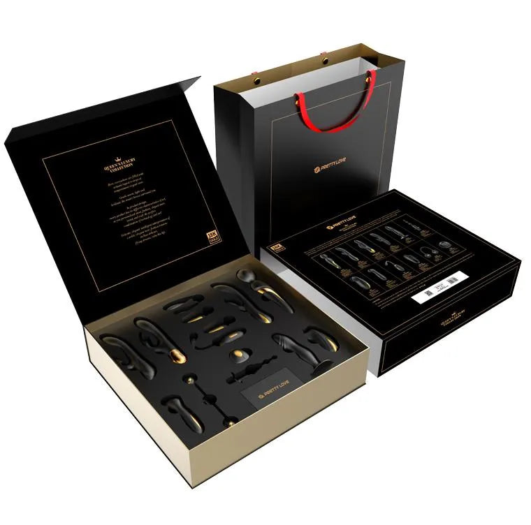 coffret luxe silicone or dixhuit carats douze jouets rechargeables ultradoux vibrations léchage succion électrostimulation télécommande sans fil ergonomiques sécurité hypoallergénique