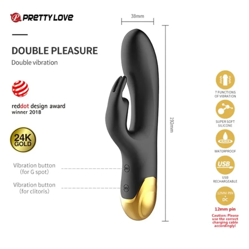 Sextoy noir en silicone avec finitions or 18 carats, design ergonomique, double vibration, télécommande sans fil.
