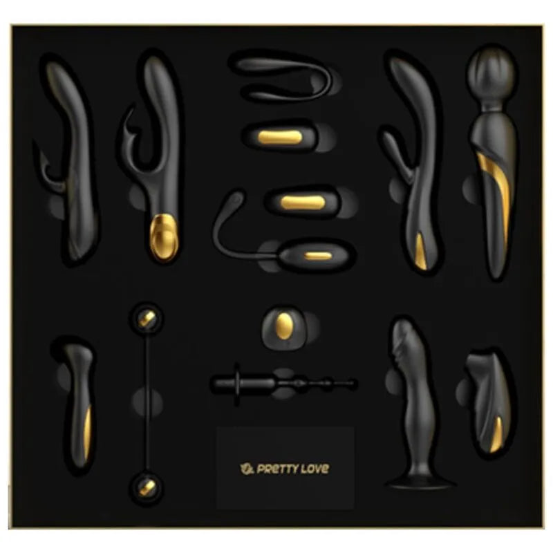 Coffret sextoys luxe noir et or 18 carats, 12 pièces en silicone ultra-doux, design élégant et ergonomique.