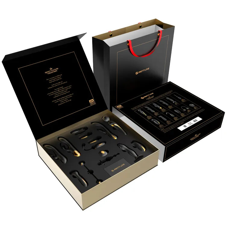 Coffret luxe sextoys silicone or 18 carats, 12 jouets ergonomiques, noir et doré, télécommande sans fil, hypoallergénique.