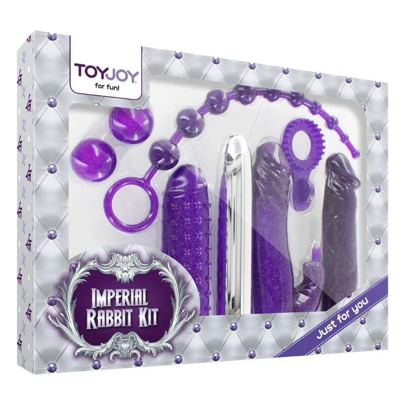 Coffret sextoys violets sept pièces, vibromasseur chromé, stimulateur clitoris, anneau pénien, pour plaisir adulte.