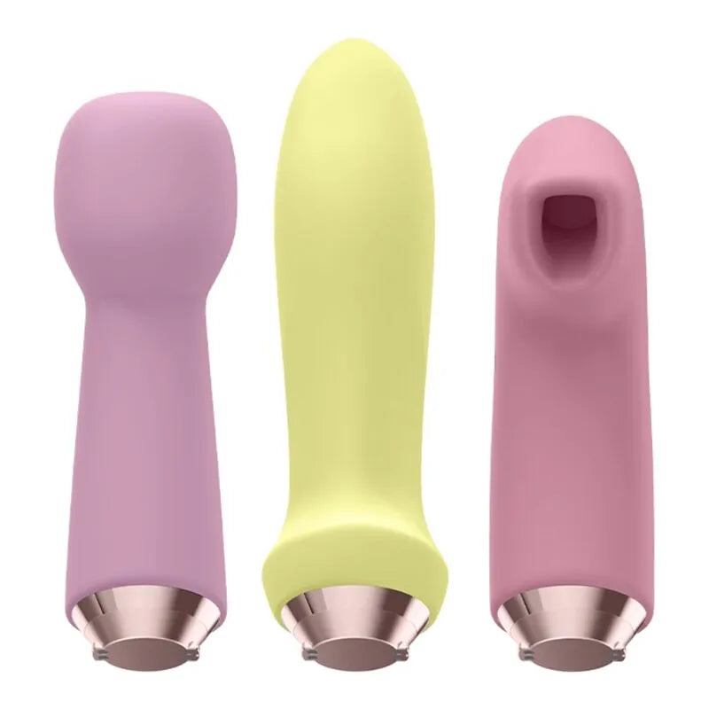 Coffret vibromasseur silicone interchangeable, trois embouts pastel, stimulation clitoridienne, vaginale, anale.