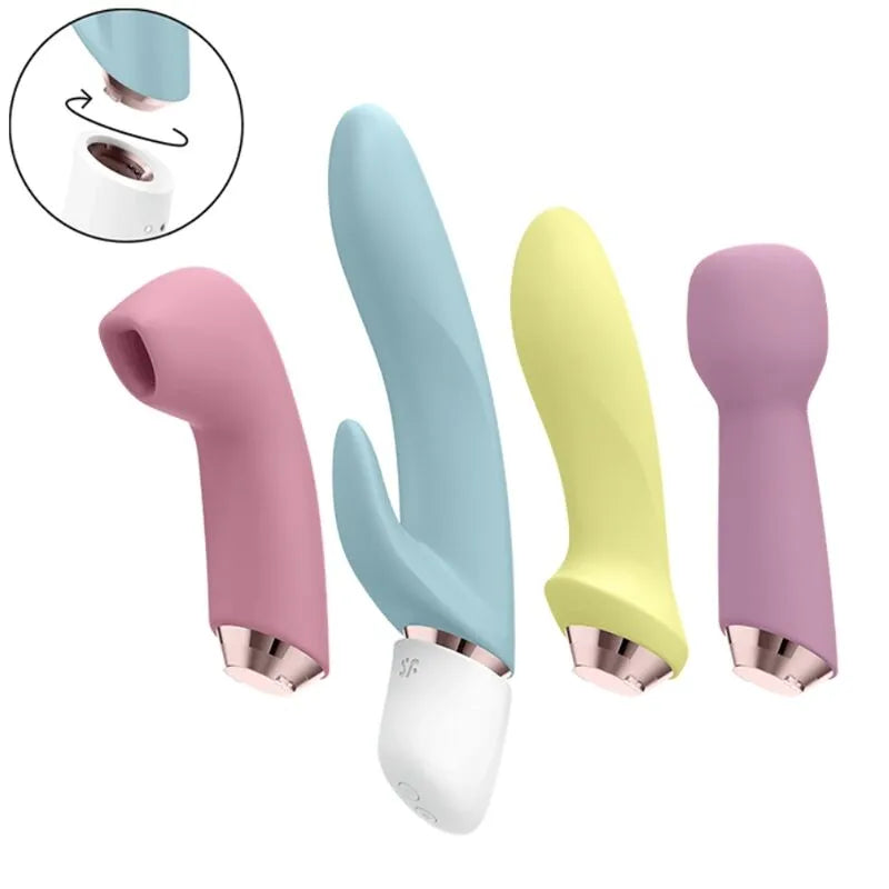 Coffret vibromasseur silicone 4 embouts pastel interchangeable, stimulation clitoridienne, vaginale, anale, étanche.