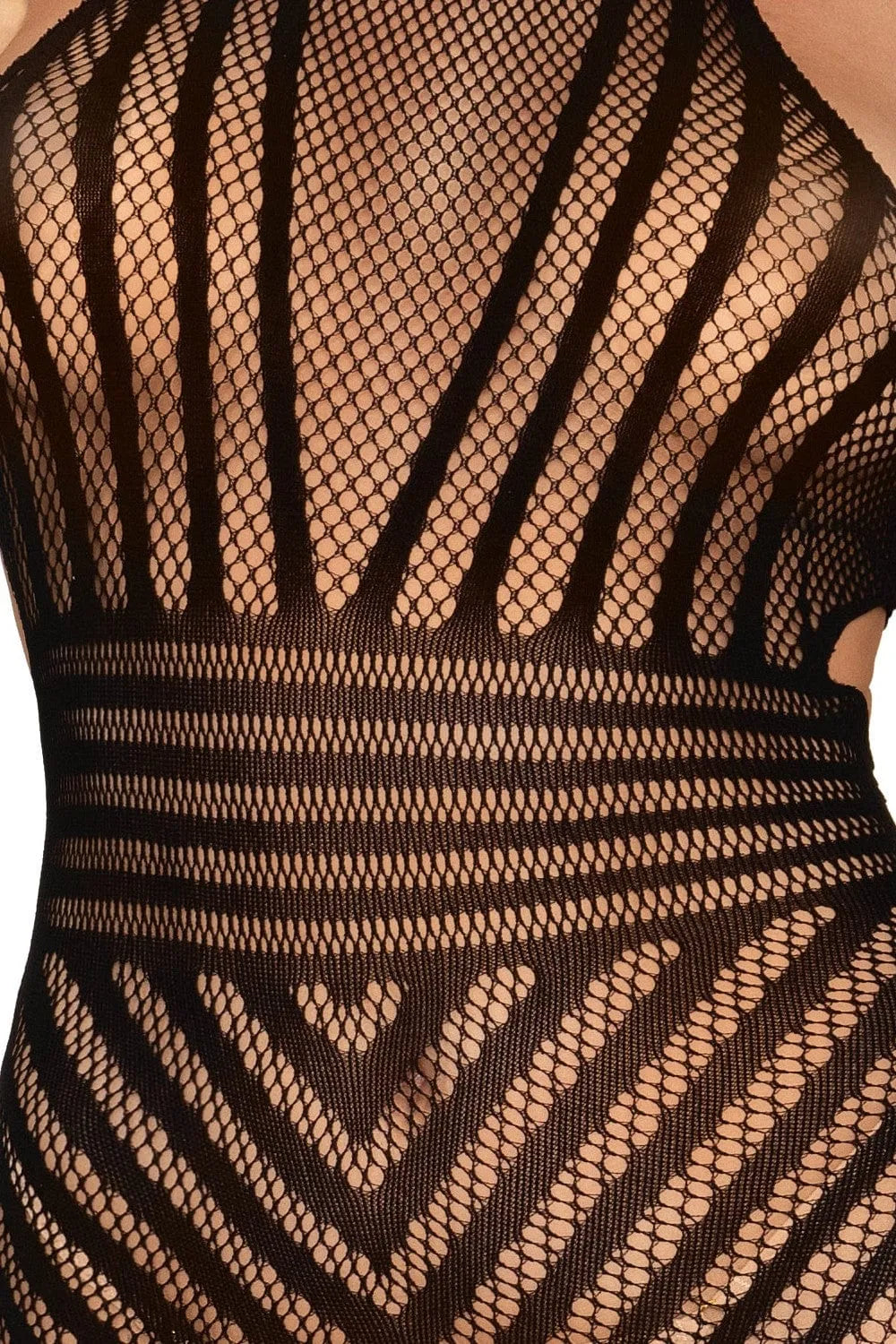 Bodystocking résille noire col licou, bretelle dos T, entrejambe ouvert, design ajustable en nylon élasthanne.