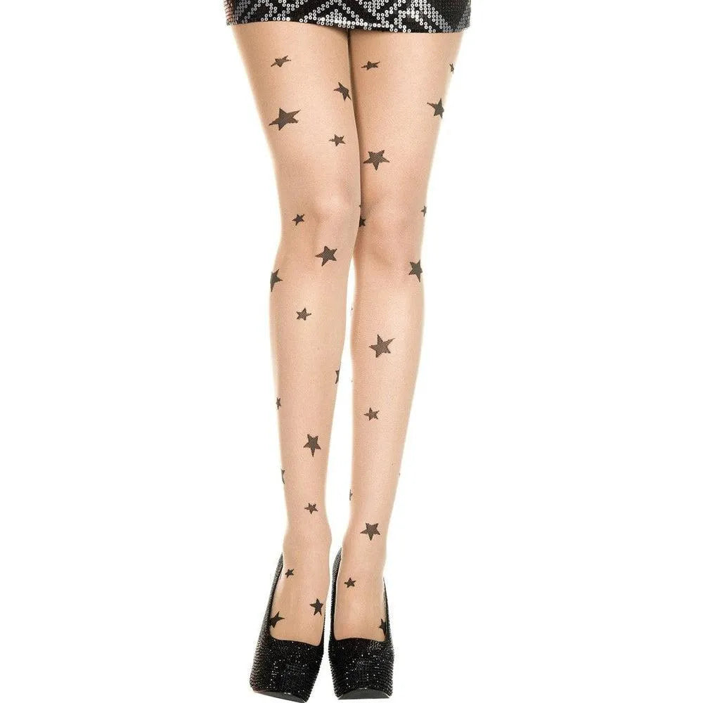 Collant chair transparent nylon soyeux jambes étoiles noires fantaisie confortable élasthanne extensible invisible finition légère féminité élégance tendance lingerie