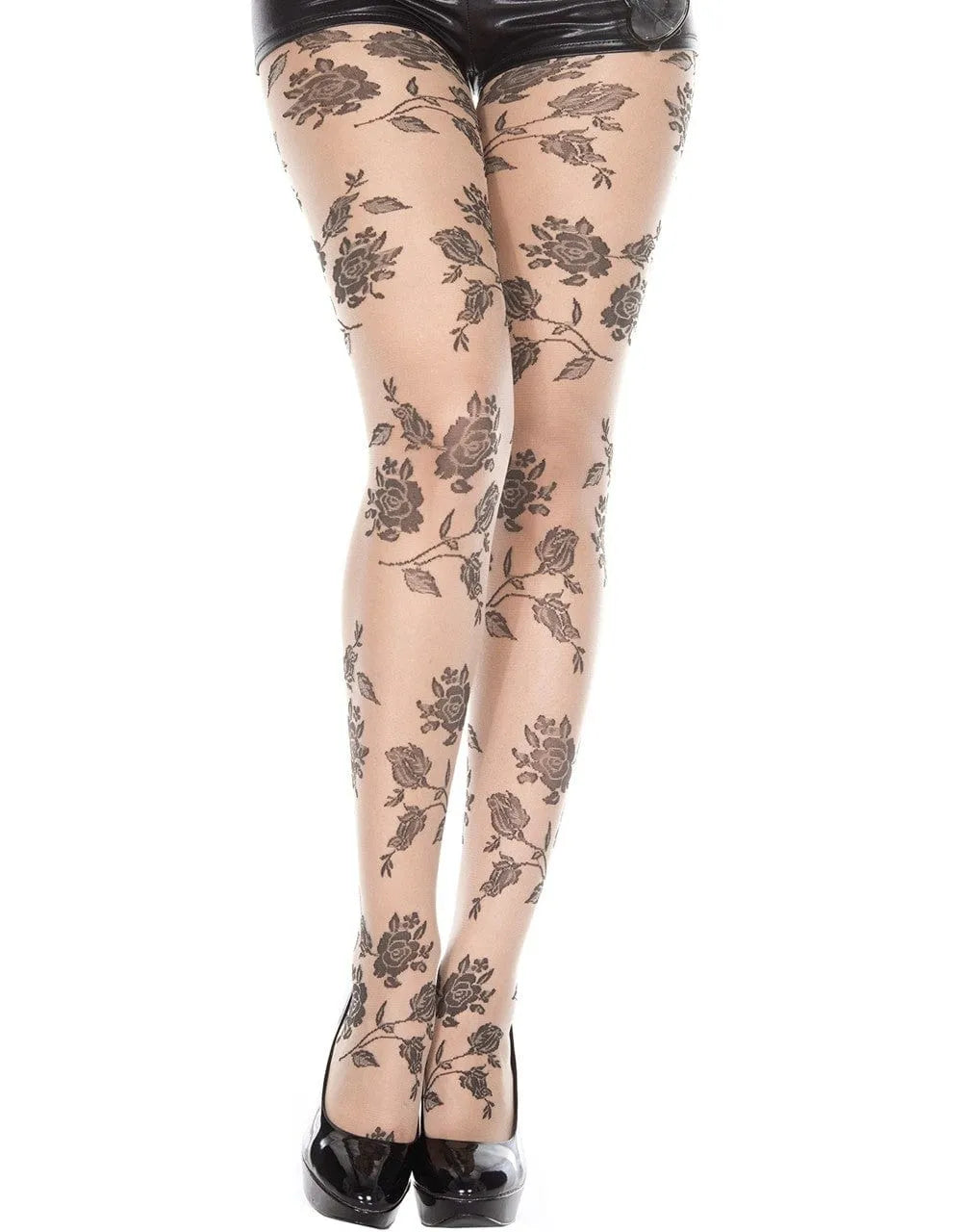 Collant chair avec imprimé floral roses noires, élégant et extensible, porté avec short noir et talons hauts.